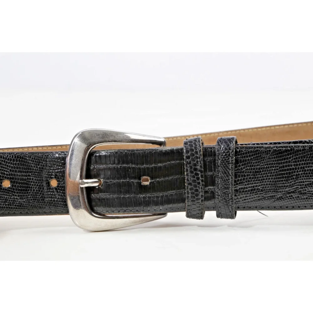 Vintage Black Genuine Lizard Leather Belt Silver Western Buckle Medium Size M
